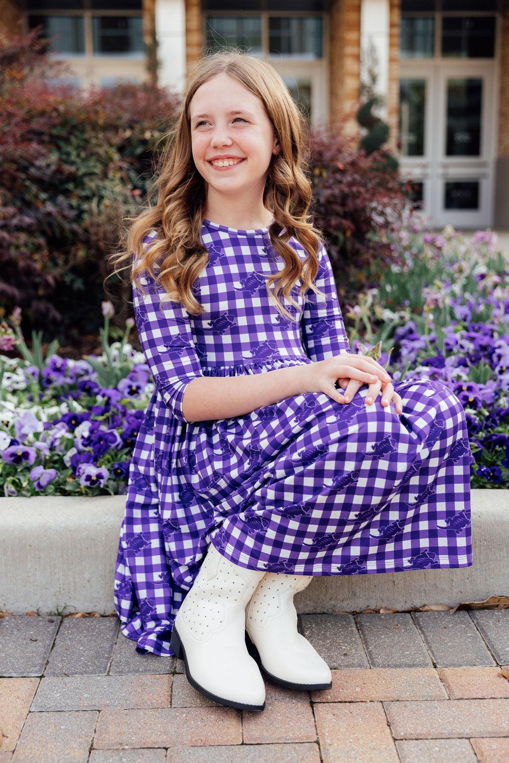 Tcu Plaid Frog 3/4 Sleeve Pocket Twirl Dress