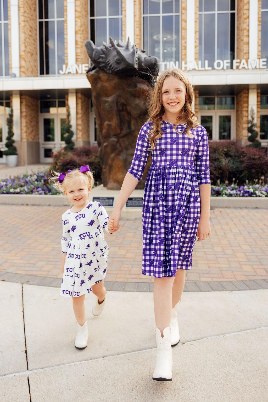 Tcu Plaid Frog 3/4 Sleeve Pocket Twirl Dress