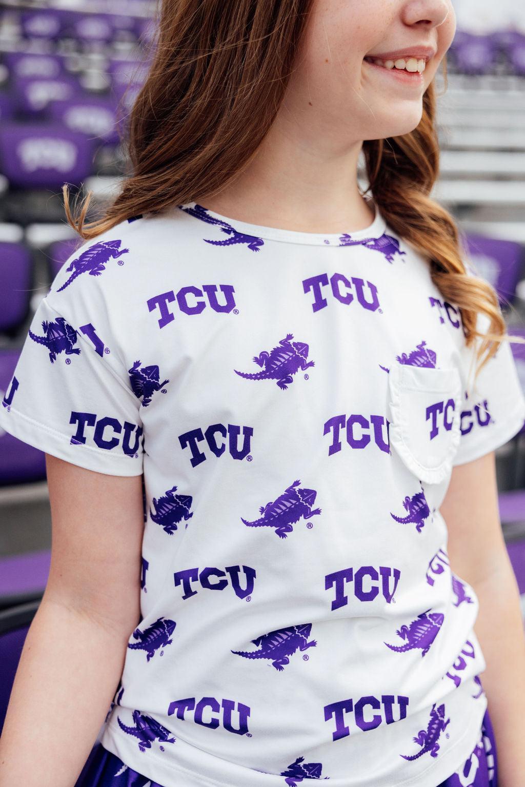 Tcu White Frog Ruffle Pocket Tee