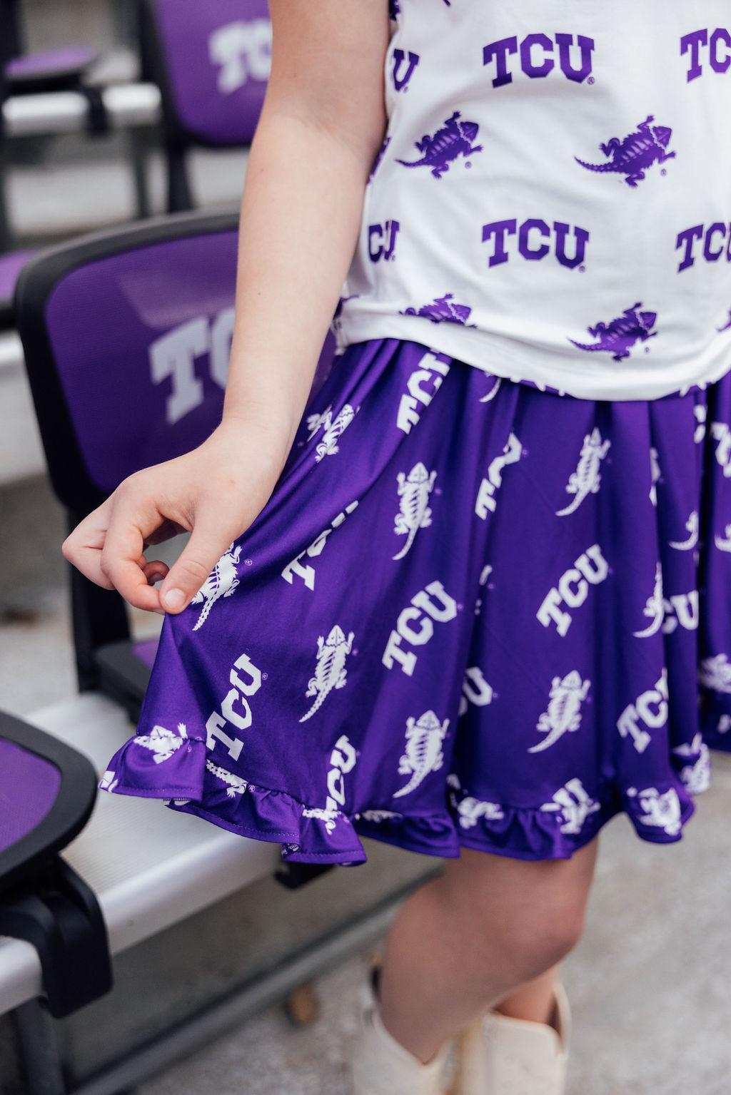 Tcu Purple Frog Ruffle Twirl Skort