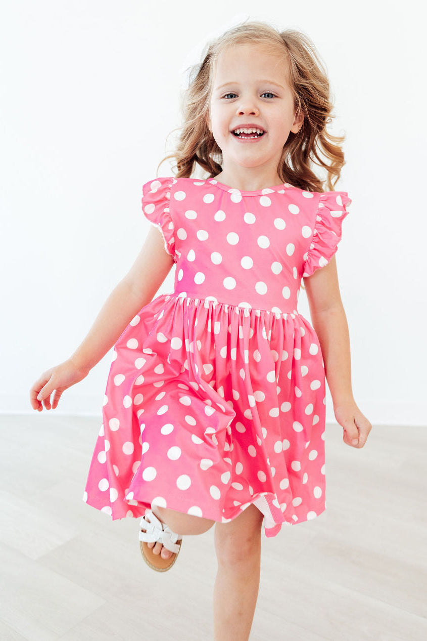 Pink Polka Dots Flutter Sleeve Twirl Dress
