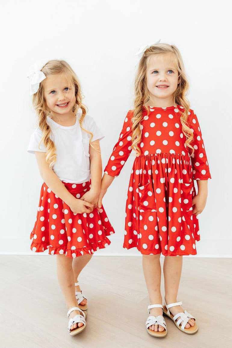 Red Polka Dots 3/4 Sleeve Pocket Twirl Dress
