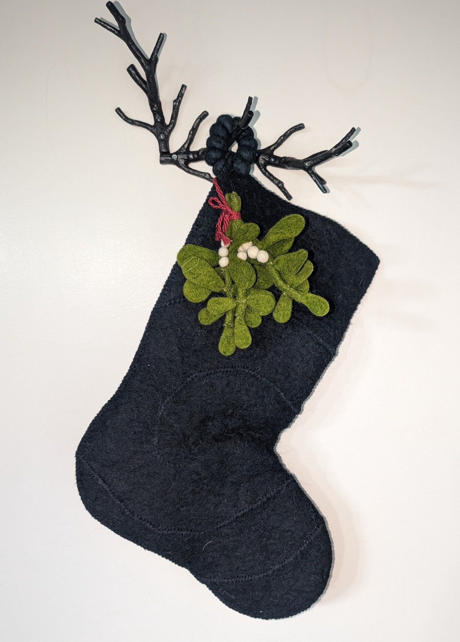 Mistletoe Navy Blue Christmas Stocking Hand Felted Wool Arcadia Home