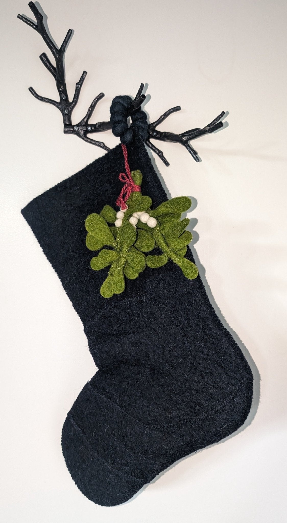 Mistletoe Navy Blue Christmas Stocking Hand Felted Wool Arcadia Home