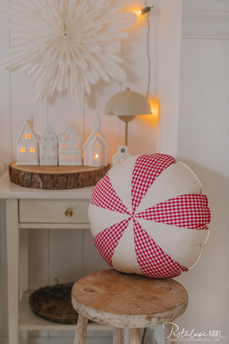 “red Checkered” Round Patchwork Pillow