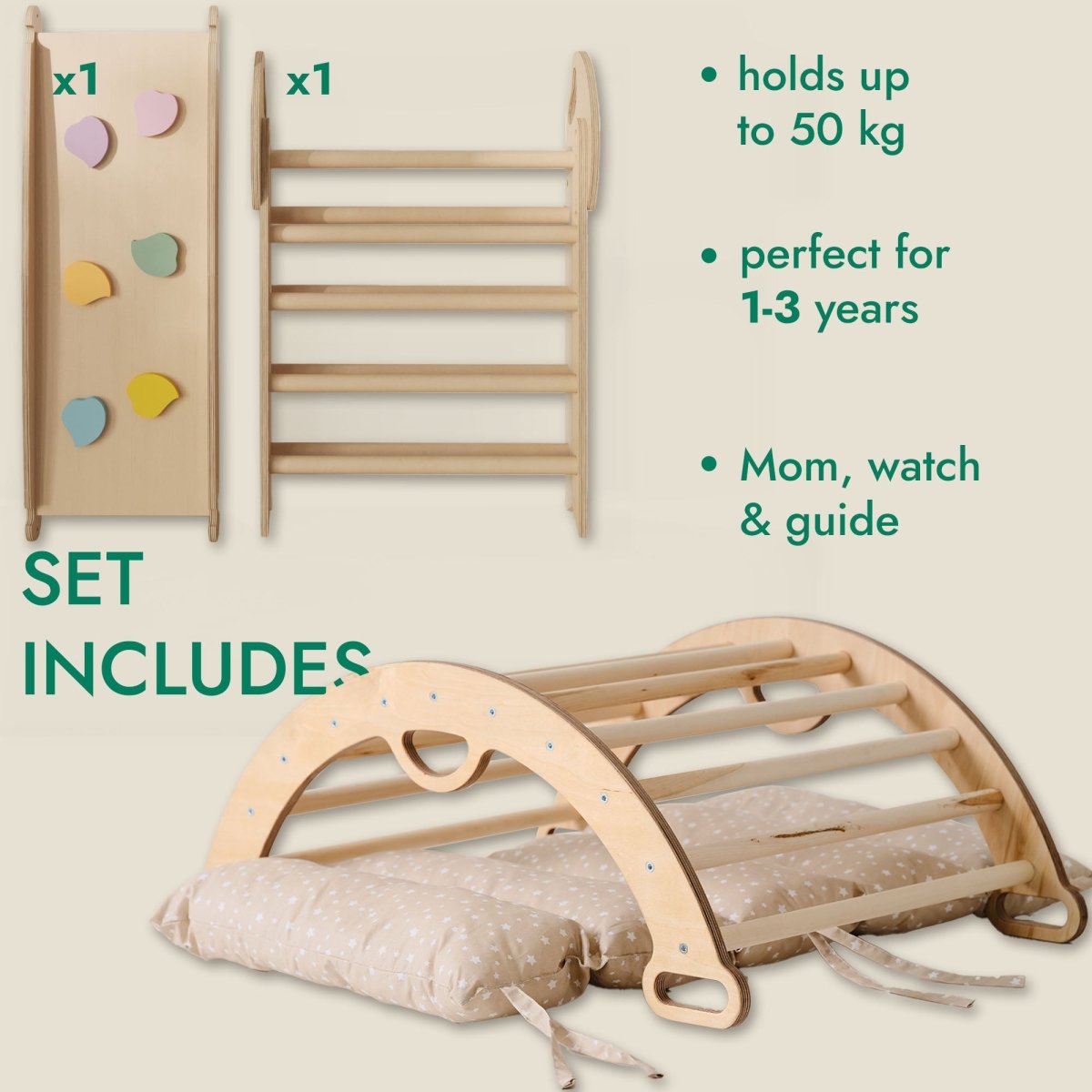 4in1 Montessori Climbing Set: Pikler Triangle, Arch, Slide Board, And Cushion For Toddlers (1–3 Years)