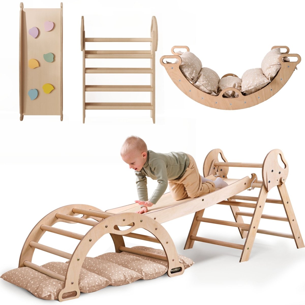 4in1 Montessori Climbing Set: Pikler Triangle, Arch, Slide Board, And Cushion For Toddlers (1–3 Years)