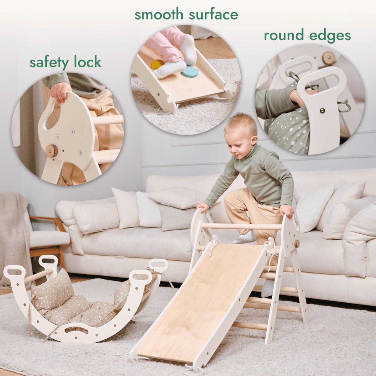 4in1 Montessori Climbing Set: Pikler Triangle, Arch, Slide Board, And Cushion For Toddlers (1–3 Years)
