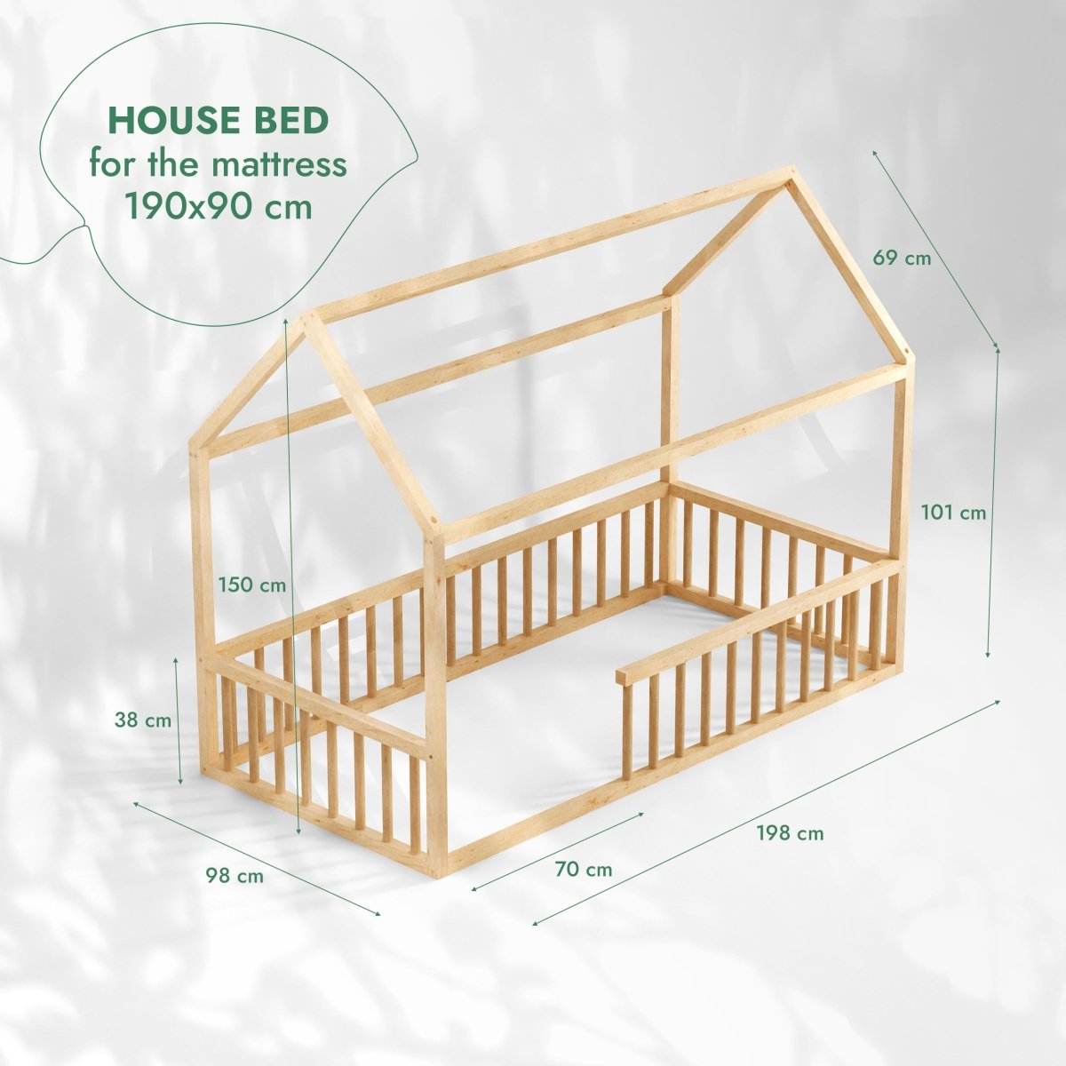Montessori House Bed For Kids With Fence