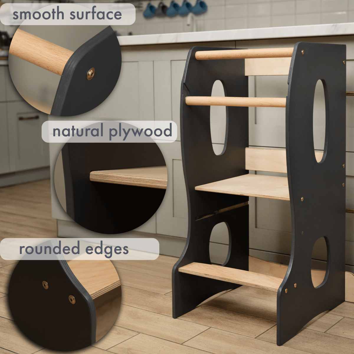 Stable Montessori Learning Tower: Wooden Growing Chair - Grey