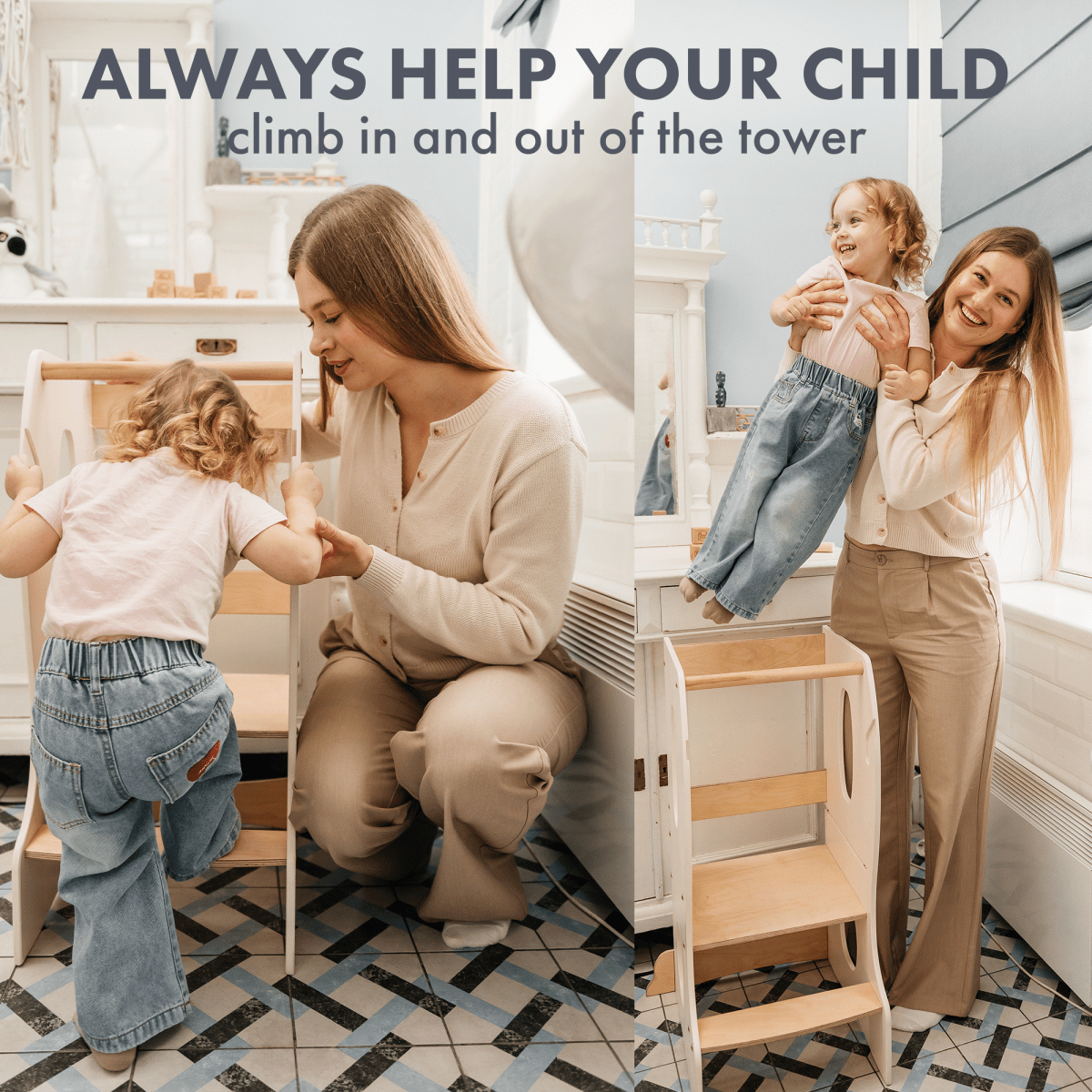 Stable Montessori Learning Tower: Wooden Growing Chair - Ivory