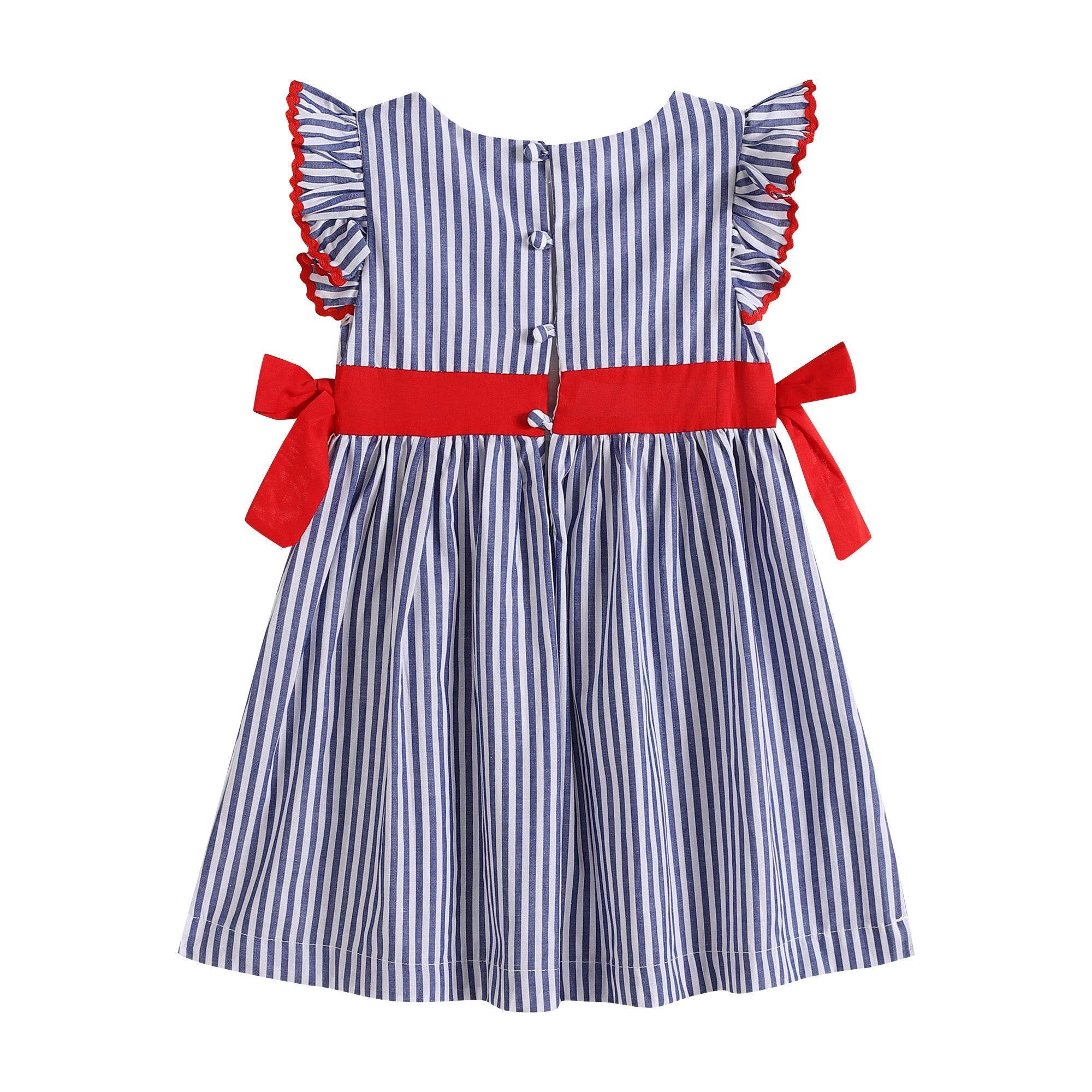 Navy Blue Stripe And Red Ruffle Bow Dress
