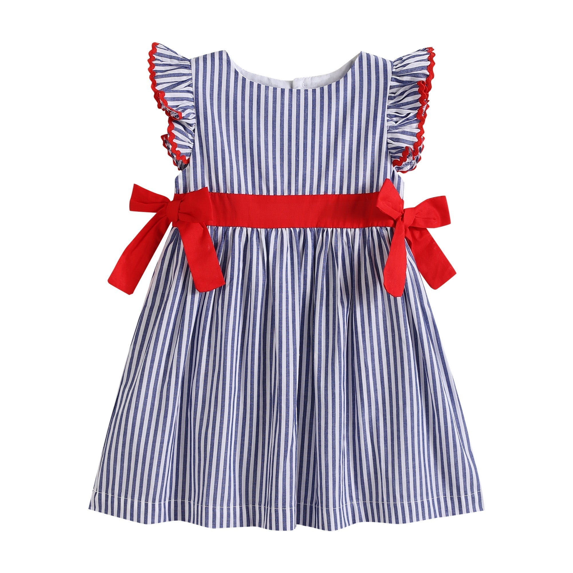 Navy Blue Stripe And Red Ruffle Bow Dress