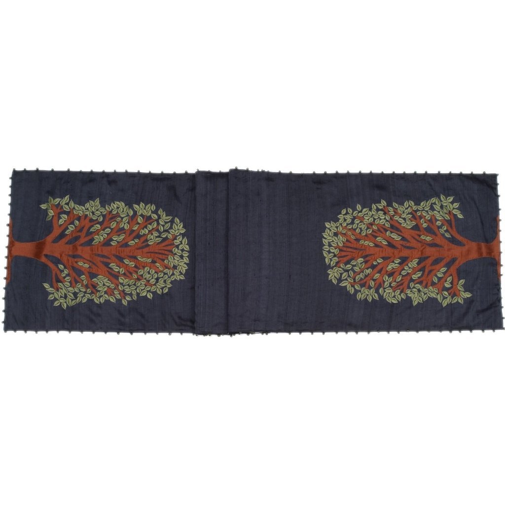 Handmade Navy Silk Table Runner Tree Of Life Embroidery And Hand Beading - 18x72"