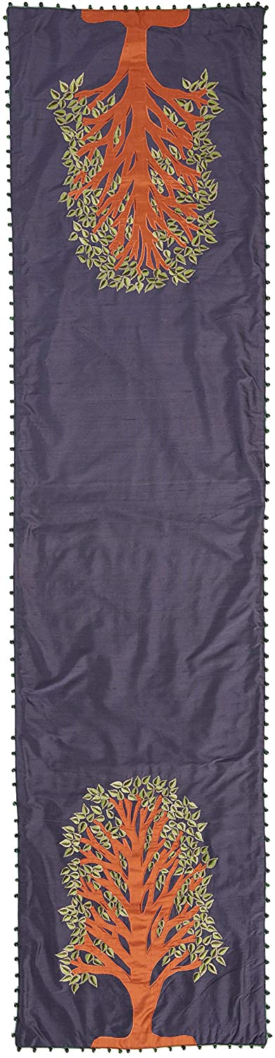 Handmade Navy Silk Table Runner Tree Of Life Embroidery And Hand Beading - 18x72"