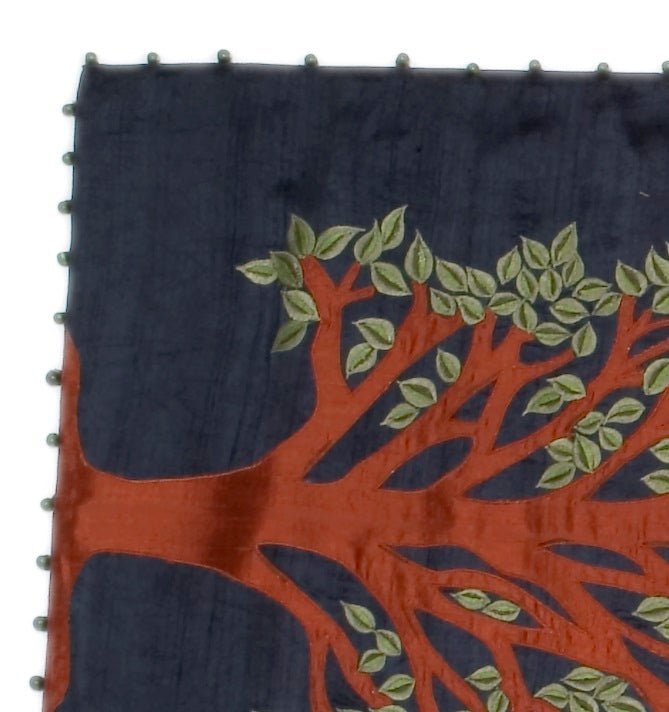 Handmade Navy Silk Table Runner Tree Of Life Embroidery And Hand Beading - 18x72"
