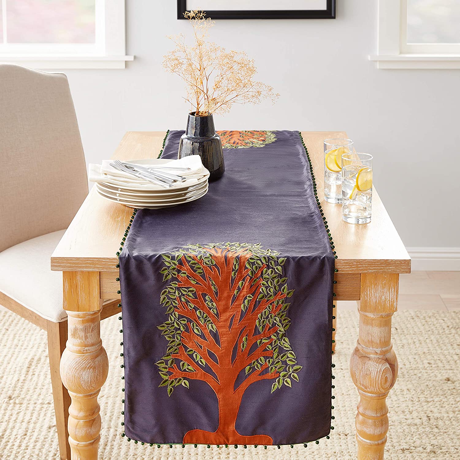 Handmade Navy Silk Table Runner Tree Of Life Embroidery And Hand Beading - 18x72"
