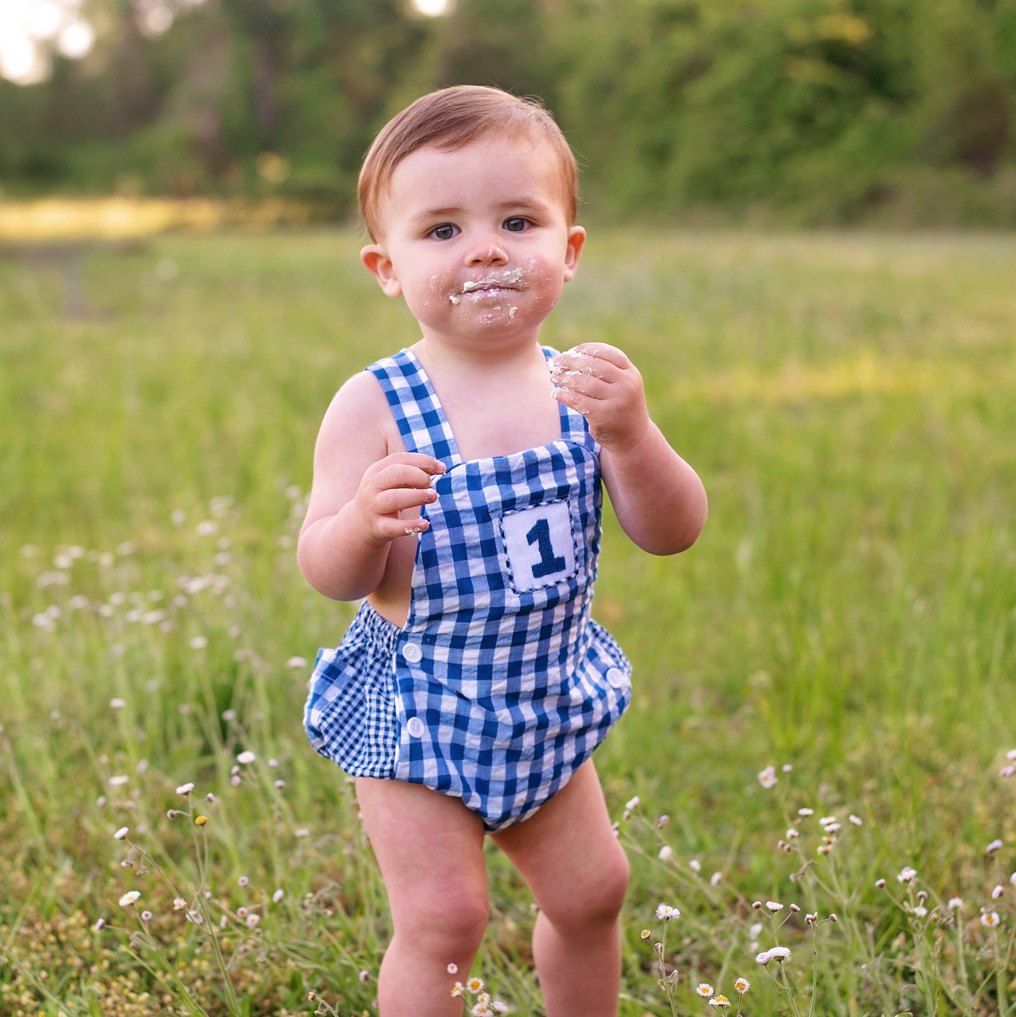 Navy Blue Smocked First Birthday Sunsuit