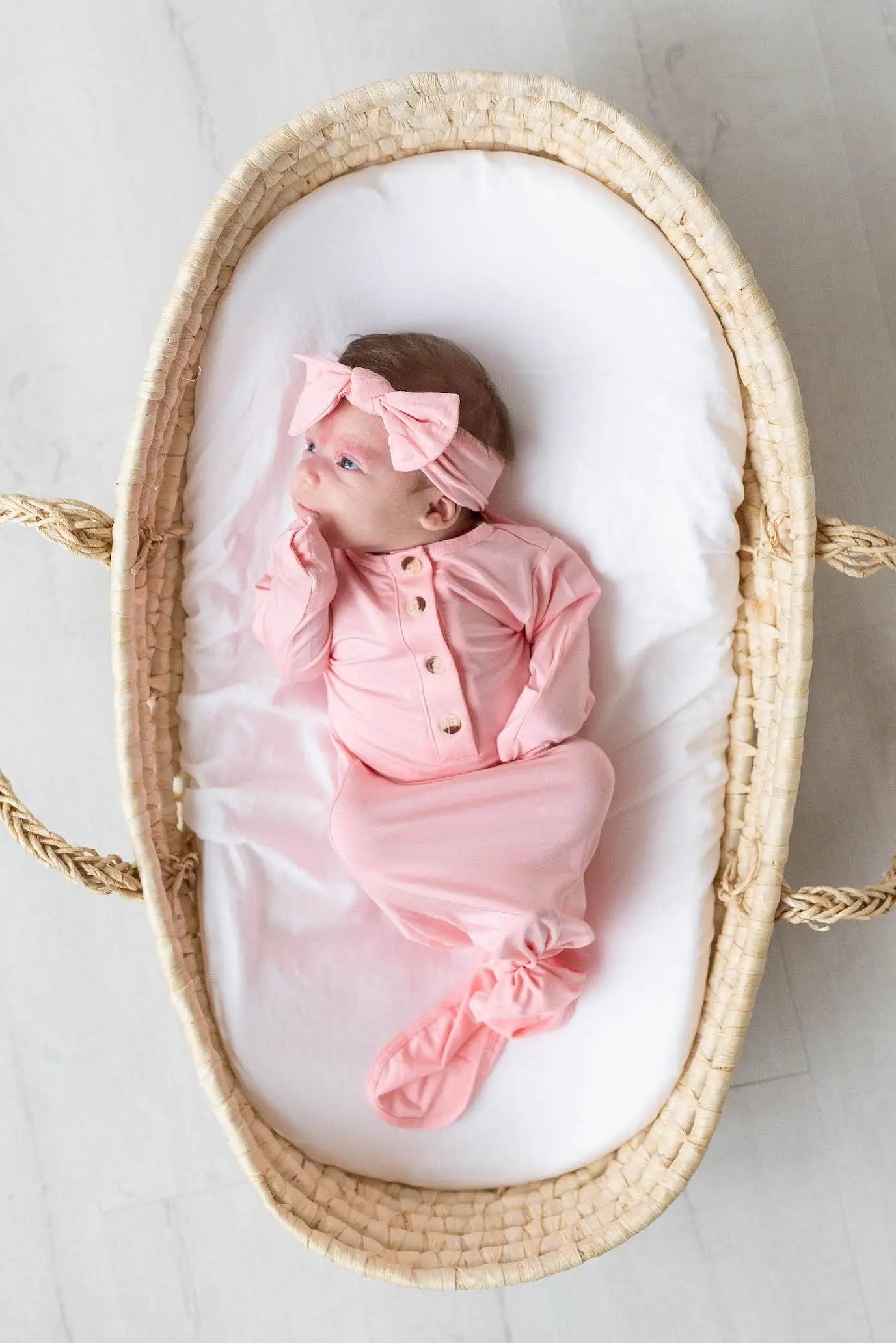 Knotted Baby Gown And Hat Set With Headband - Pink (newborn-3 Months)