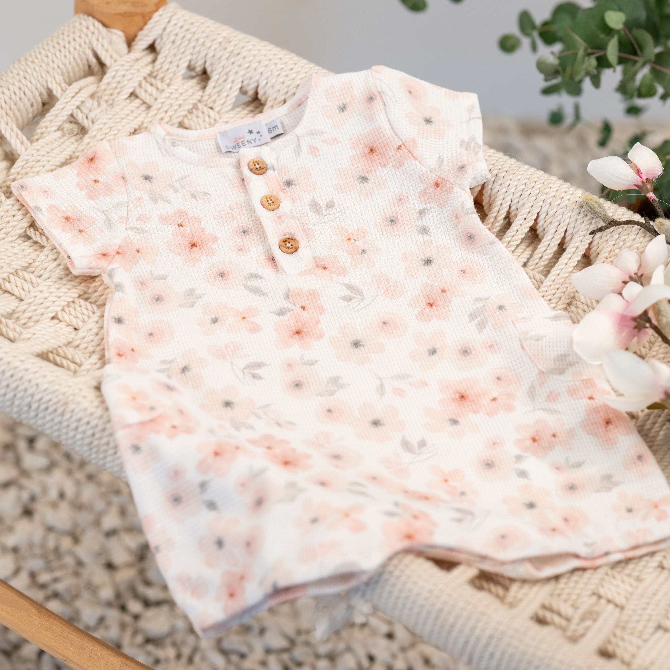 Noa | Girls Soft Pink Flower Print Waffle Cotton Shortie