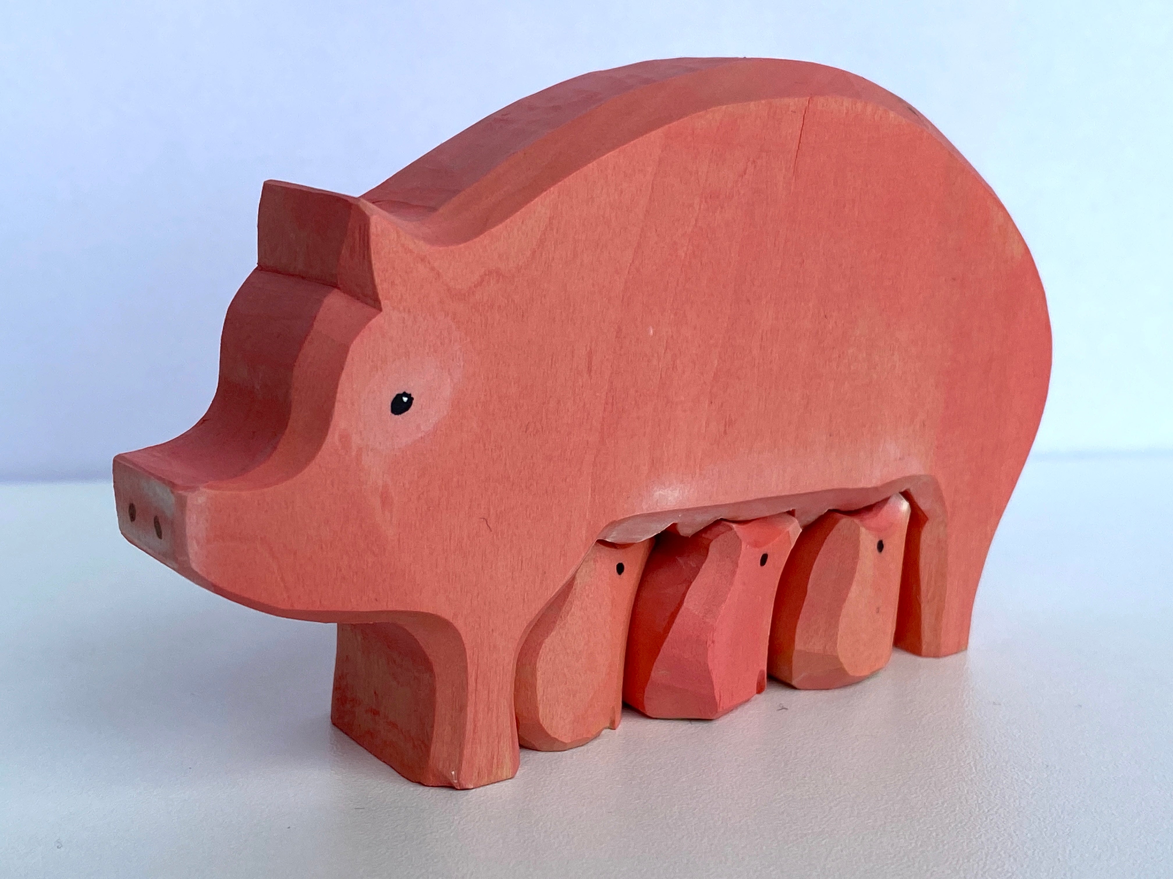 Wood Carved Pig With Piglets