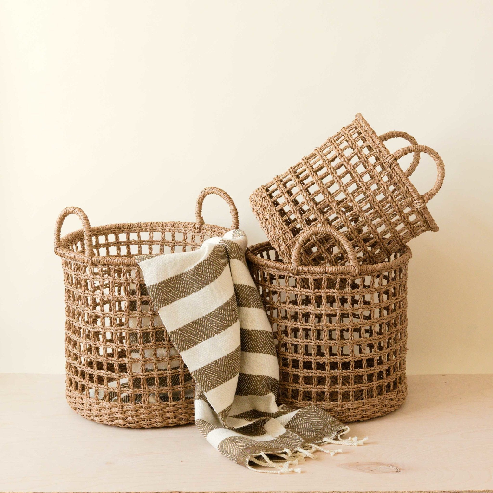 Open Weave Baskets With Handle, Set Of 3 - Storage Baskets | Likhâ