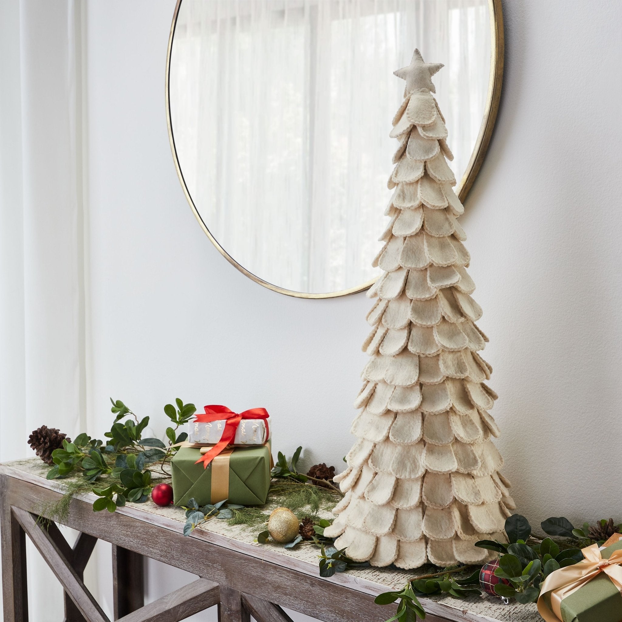 Pair Of Handmade Cream Tabletop Christmas Trees In Hand Felted Wool- Xl- 26" And 36"