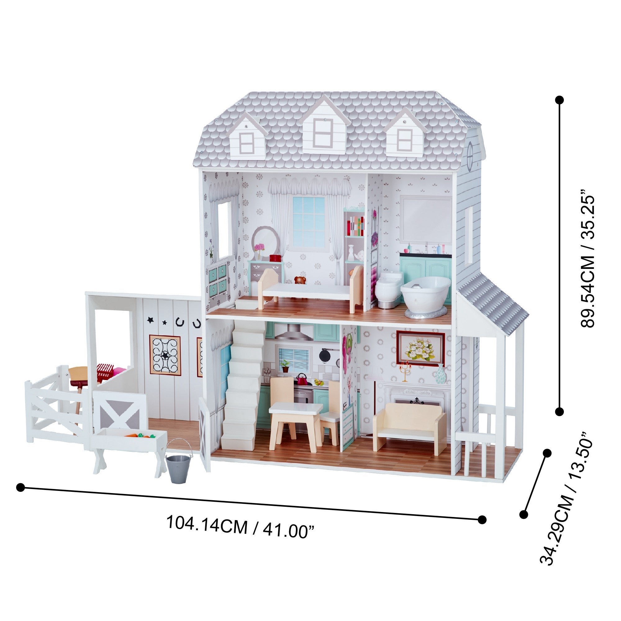 Dreamland Farm Dollhouse With 14 Accessories, White/gray