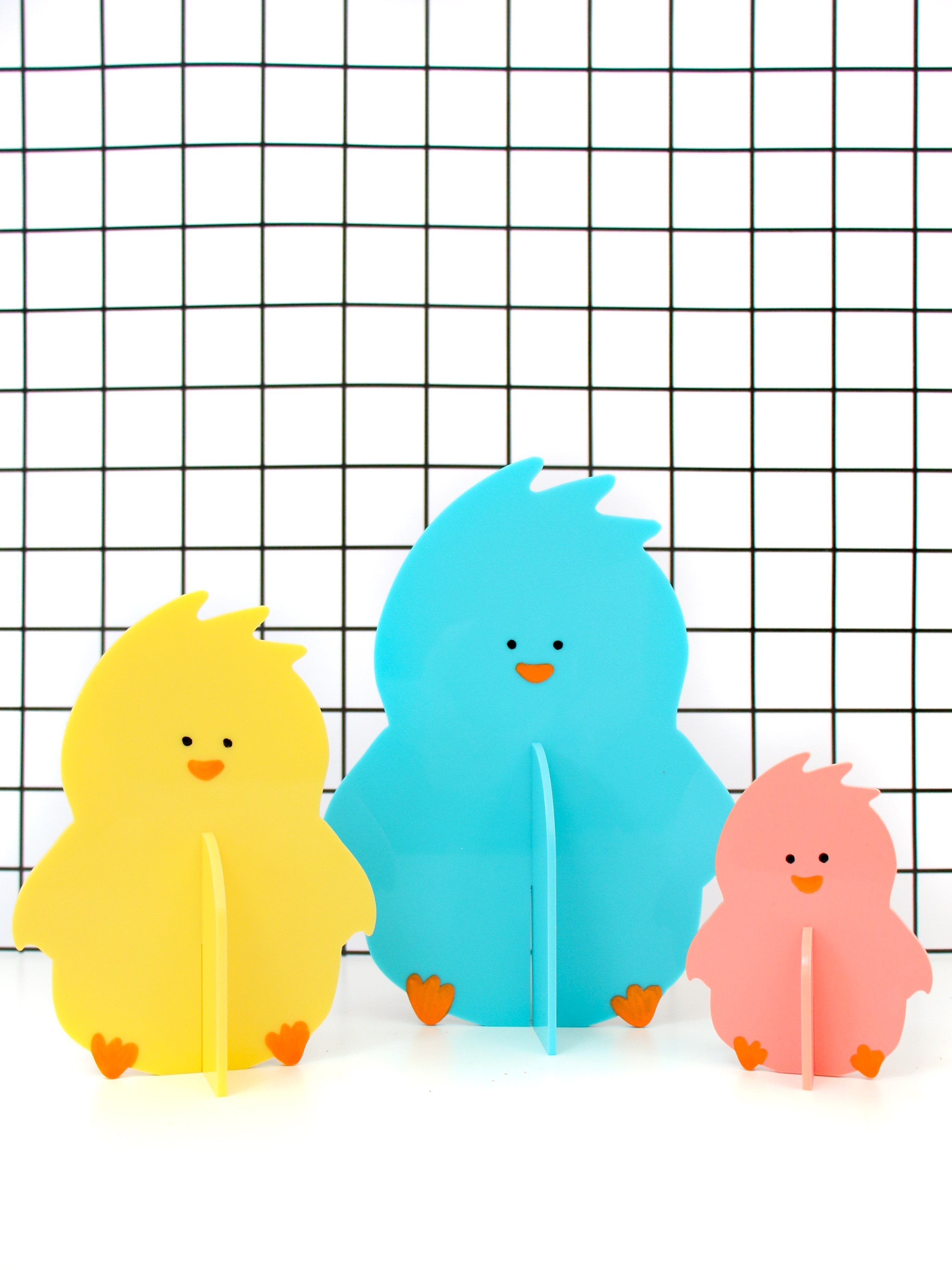 Blue, Yellow, And Coral Acrylic Chick Decorations
