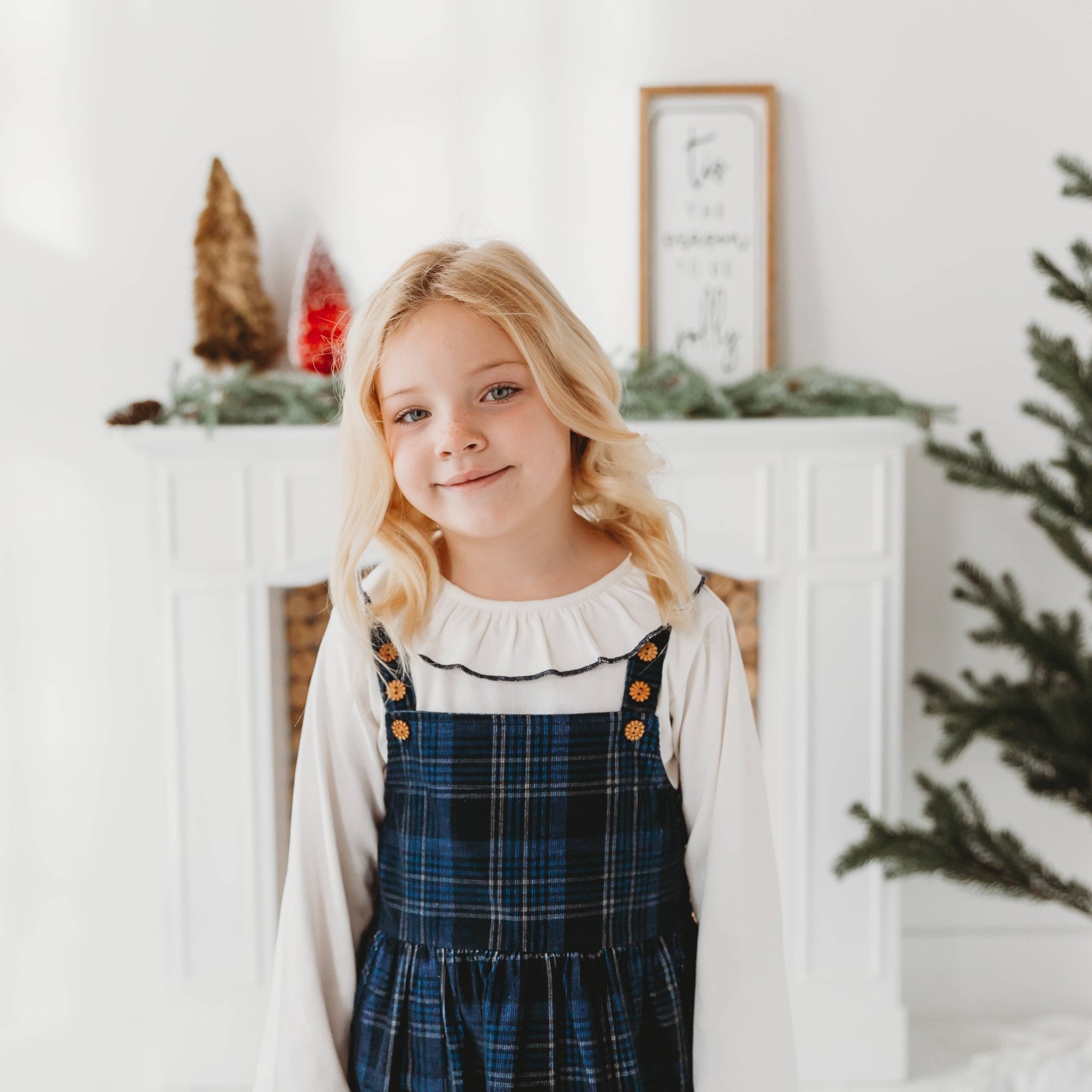 Pinafore Dress In Blue Plaid Cord With Ribbed Top