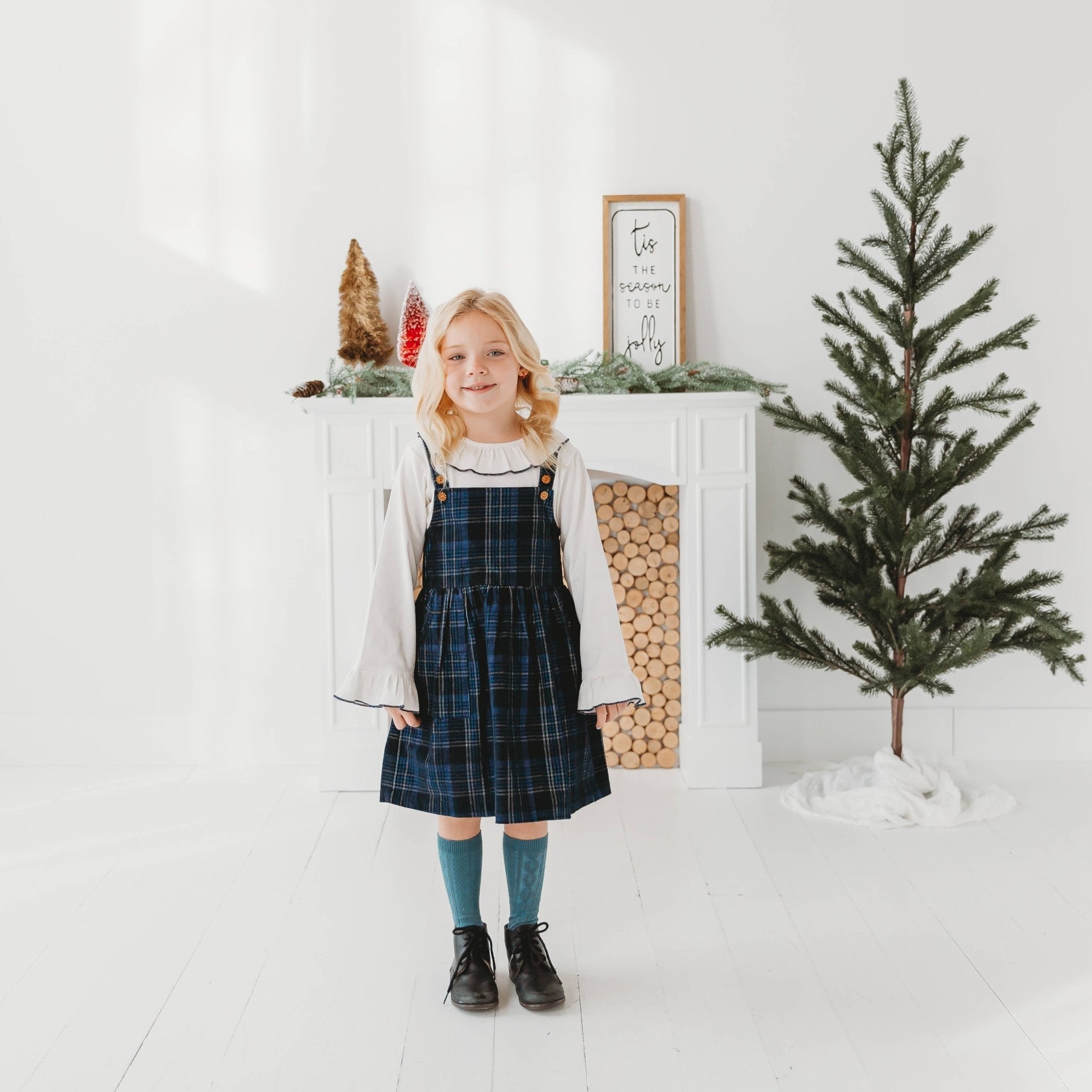 Pinafore Dress In Blue Plaid Cord With Ribbed Top
