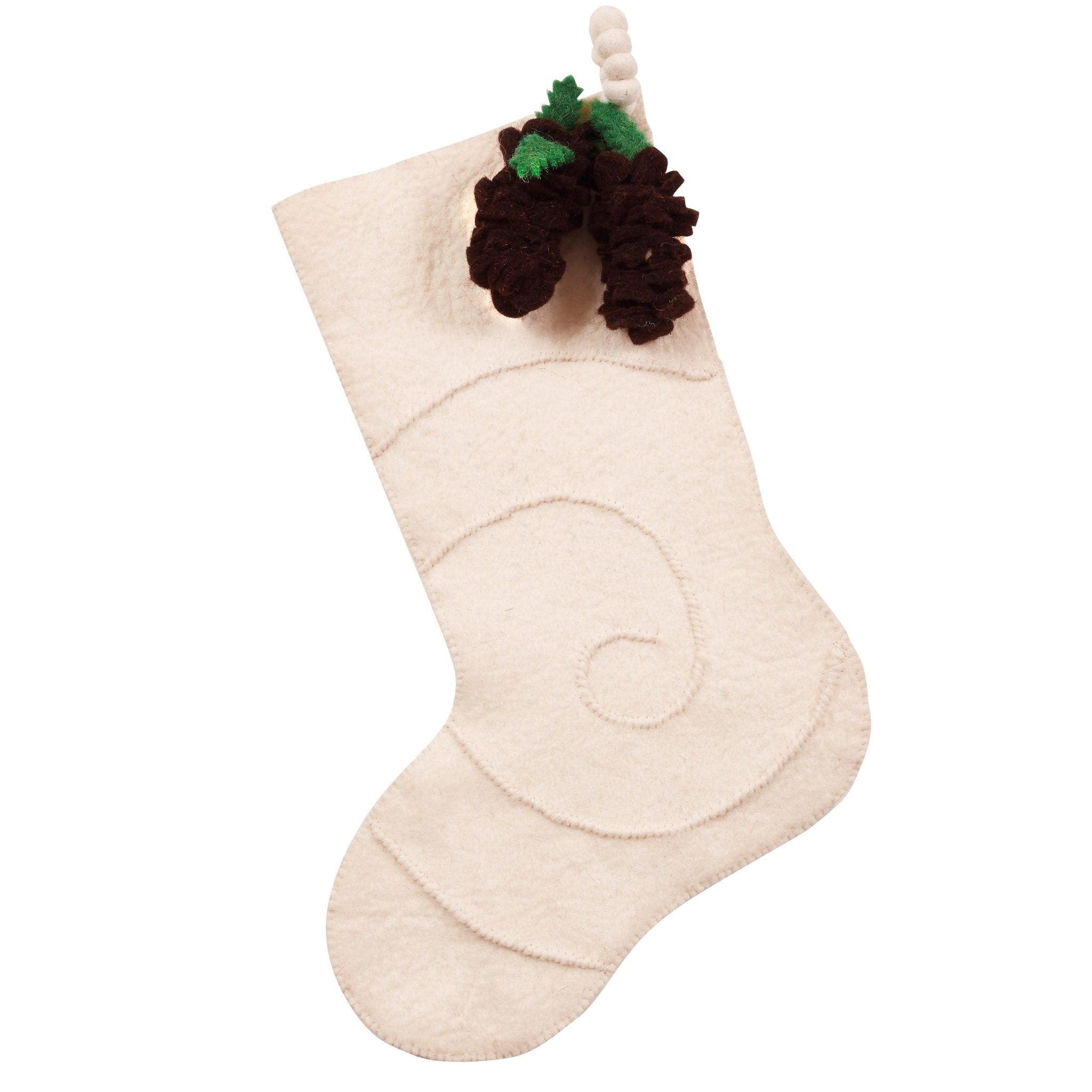 Pine Cone Cream Christmas Stocking Hand Felted Wool
