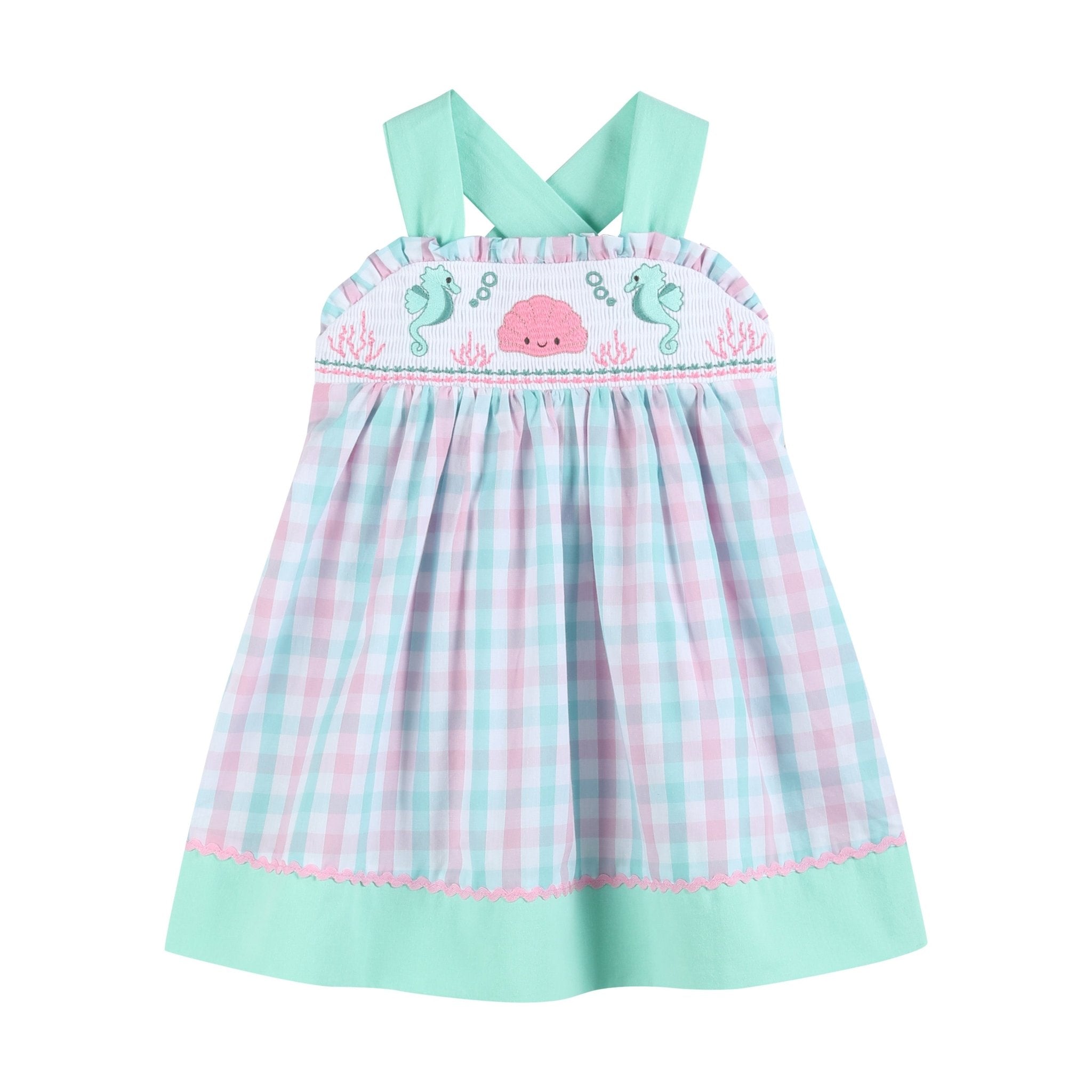 Pink And Aqua Seashell Smocked Sundress