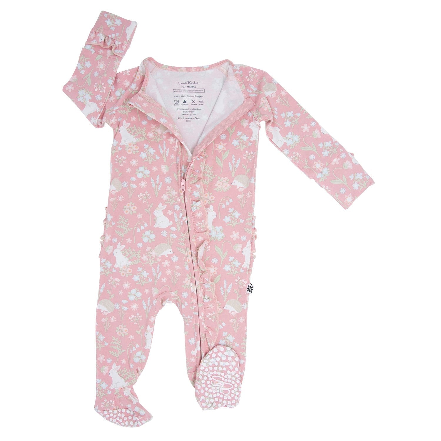 Pink Bunny Floral Baby Ruffle Footie