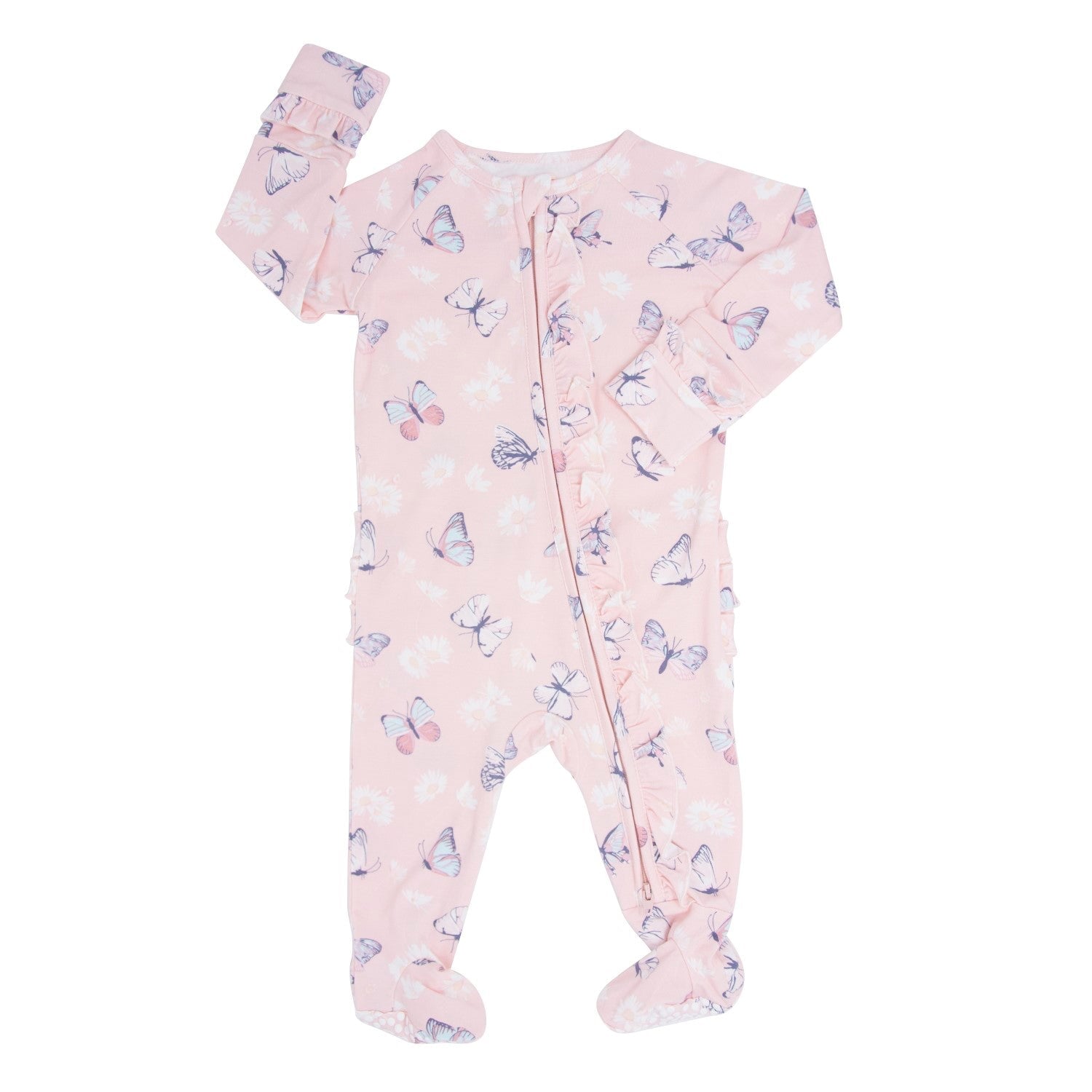 Pink Butterfly Daisy Bamboo Ruffle Footie