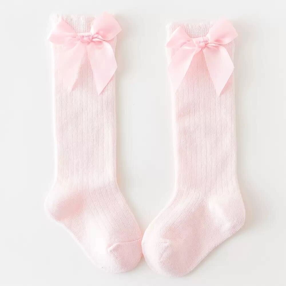 Pink Cotton/poly Lace Knee High Socks With Bow