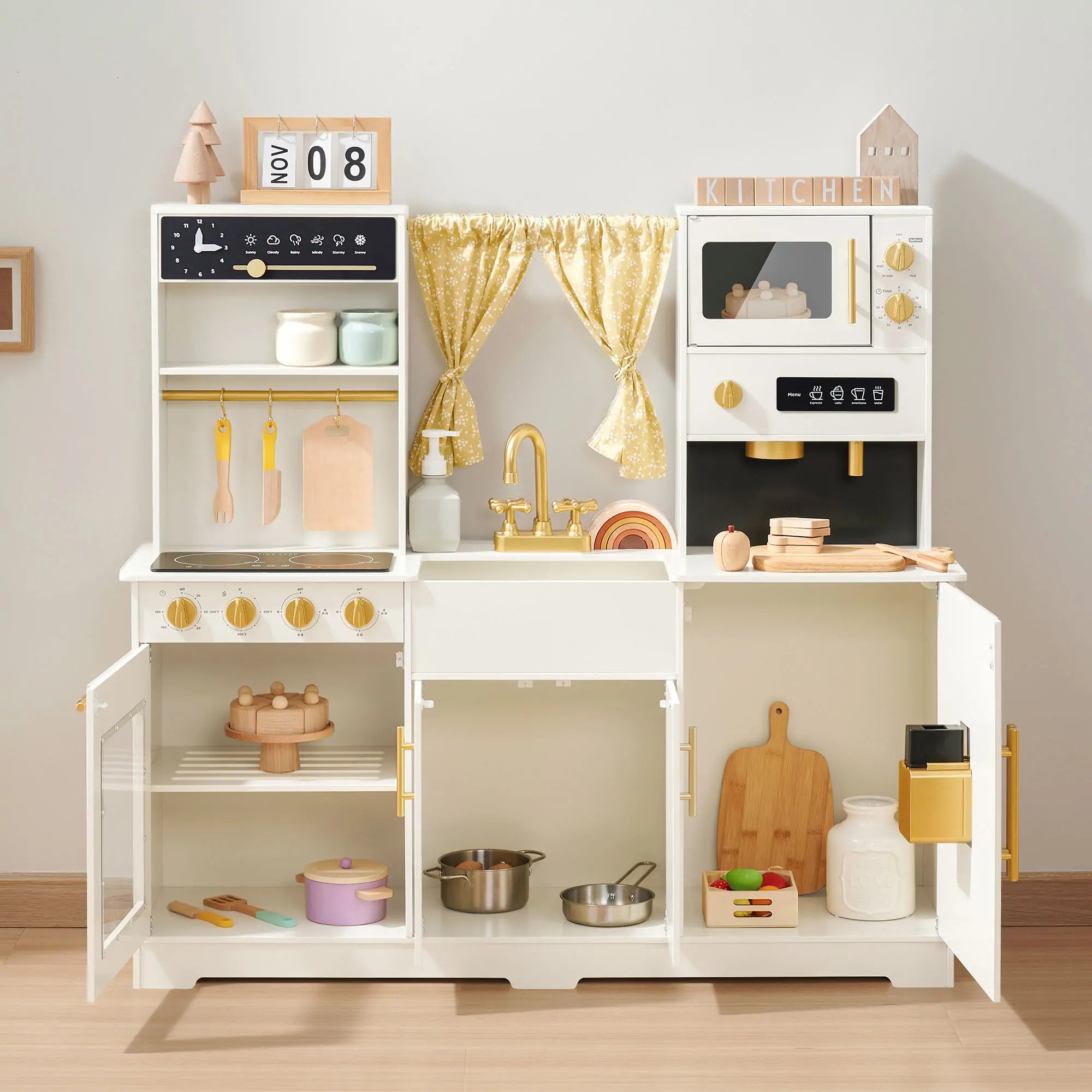 Tiny Land® Iconic Wooden Play Kitchen – Cream Pretend Cooking Set For Kids
