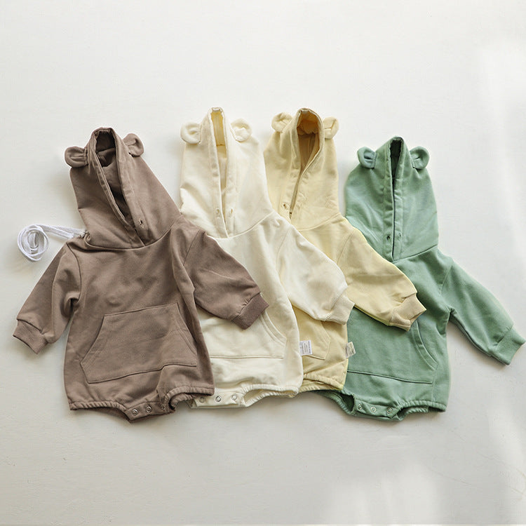 Baby 1pcs Solid Color 3d Bear Ears Patched Design Hoodie Triangle Cotton Bodysuit Onesies
