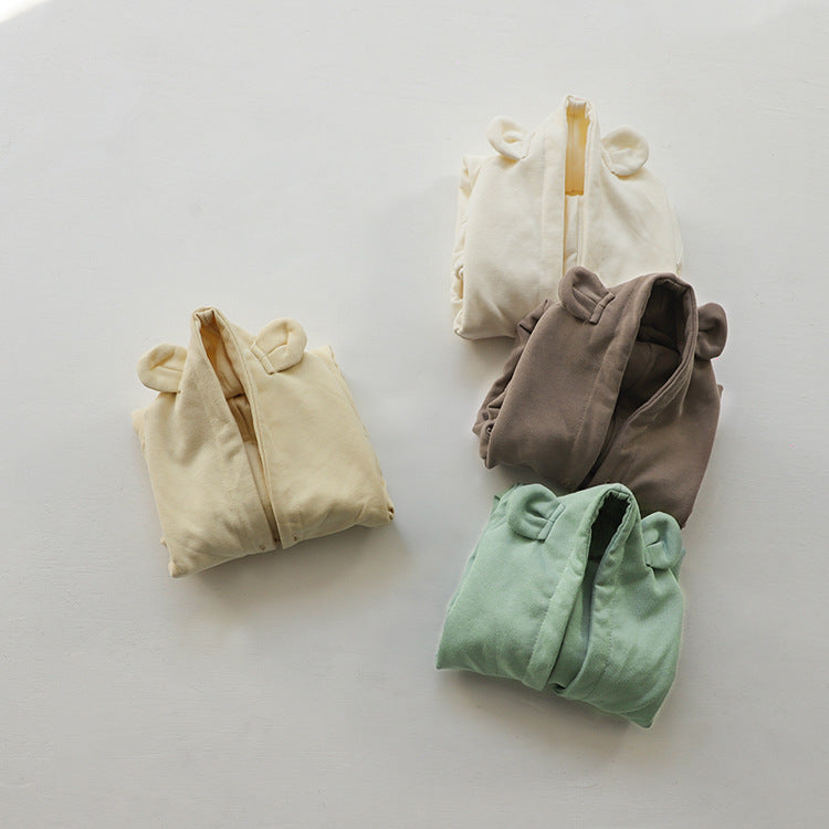 Baby 1pcs Solid Color 3d Bear Ears Patched Design Hoodie Triangle Cotton Bodysuit Onesies
