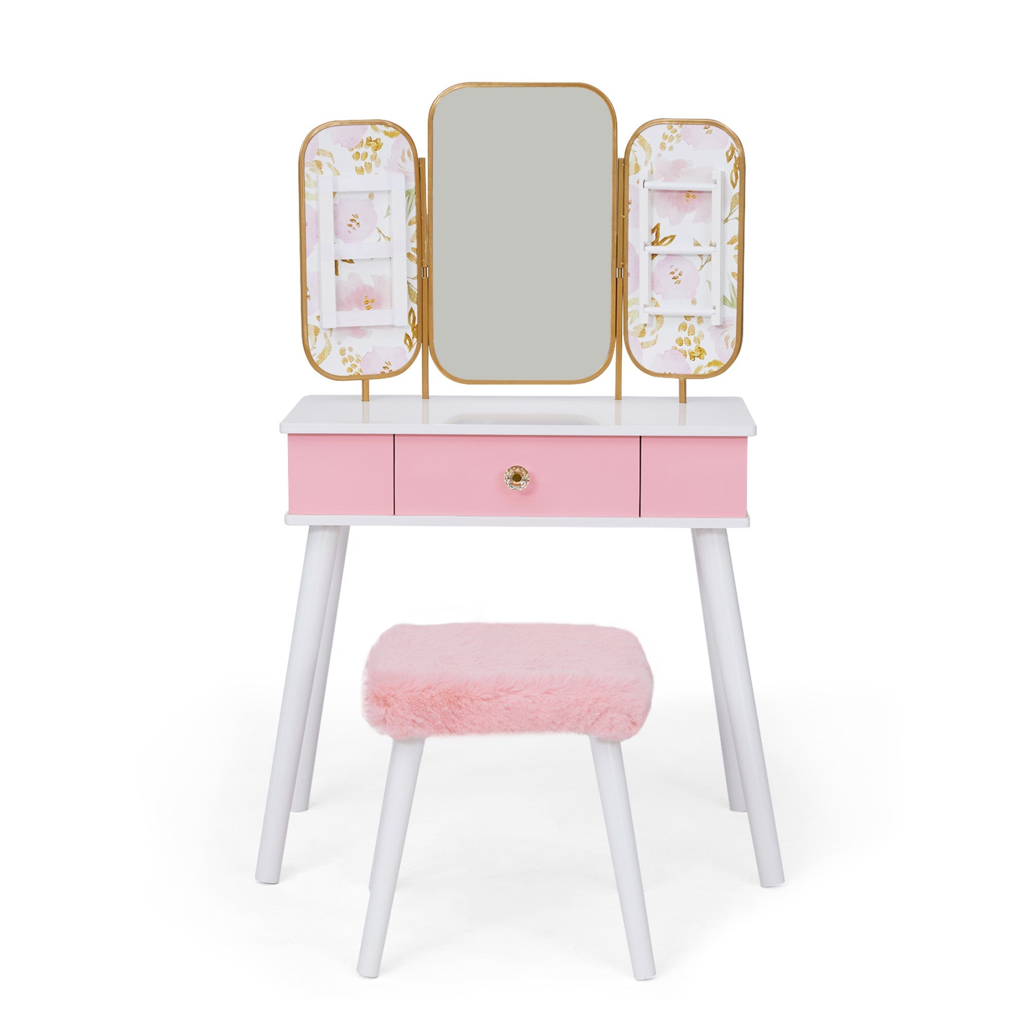 Fantasy Fields Kids Little Lady Izabel Floral Vanity With Mirror, Storage And Stool, Pink