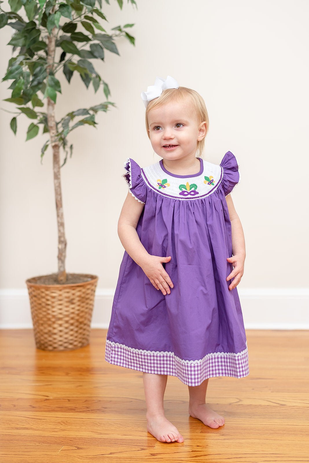 Purple And Gingham Mardi Gras Smocked Bishop Dress