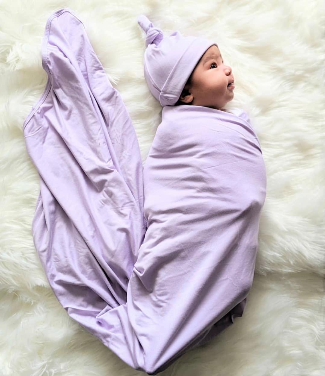 Swaddle Blanket, Hat And Headband Set - Purple