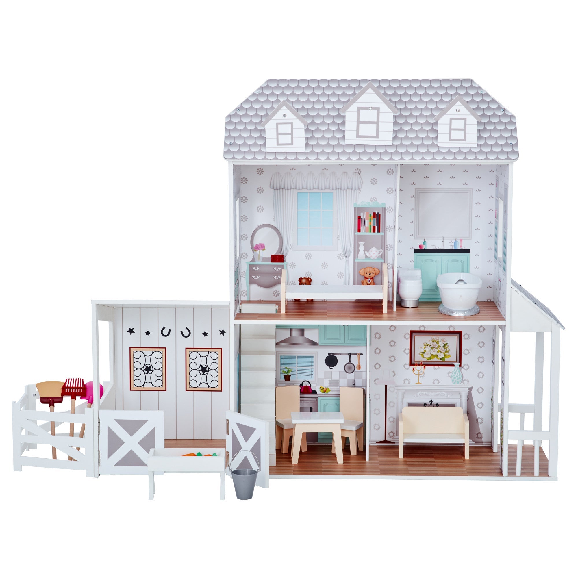 Dreamland Farm Dollhouse With 14 Accessories, White/gray