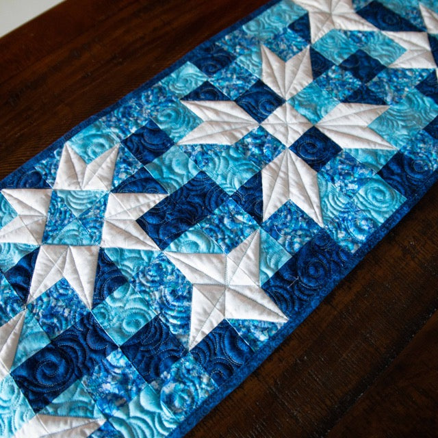 Standout Stars In Icy Blue Quilted Table Runner Precut Quilt Kit