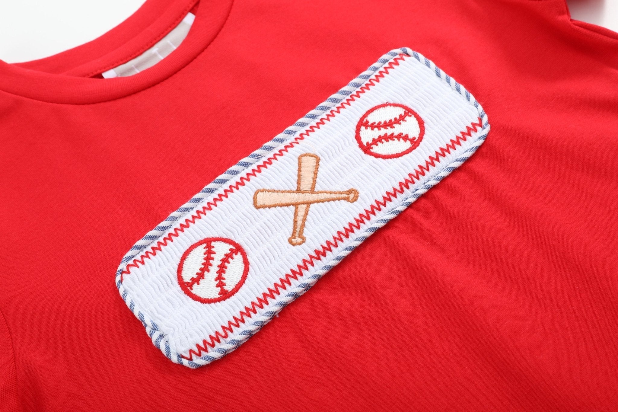 Red And Blue Baseball Smocked Shirt And Shorts Set