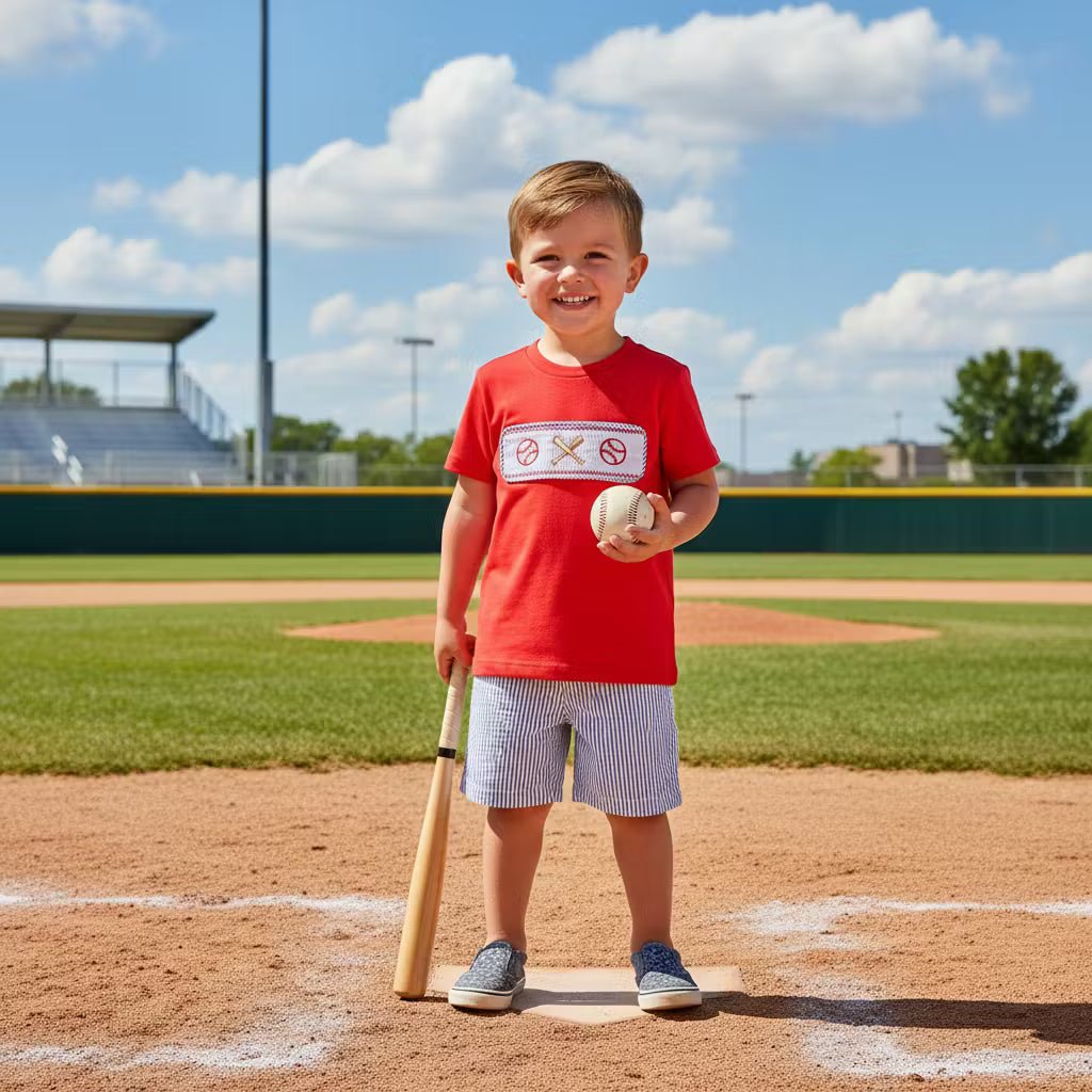Red And Blue Baseball Smocked Shirt And Shorts Set