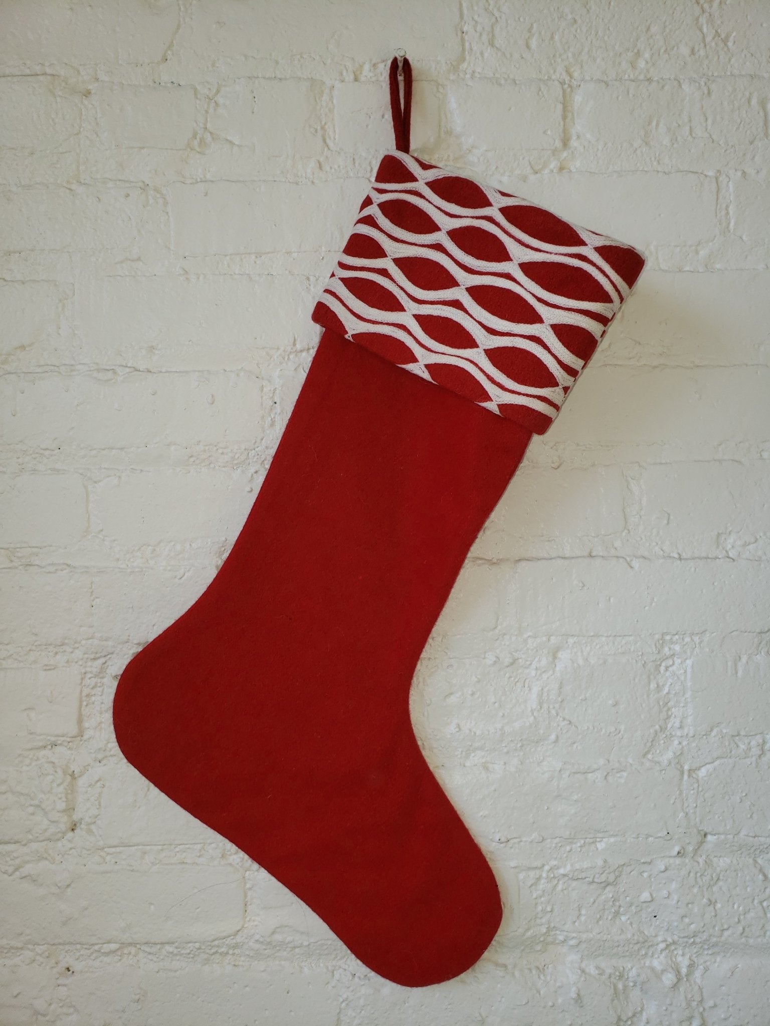 Red Christmas Stocking Oval Design Crewel Cuff Wool
