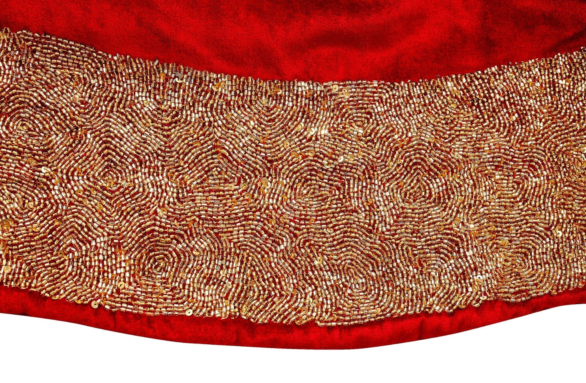 Red Velvet Christmas Tree Skirt Hand Beaded Gold Border - 60" / 72"
