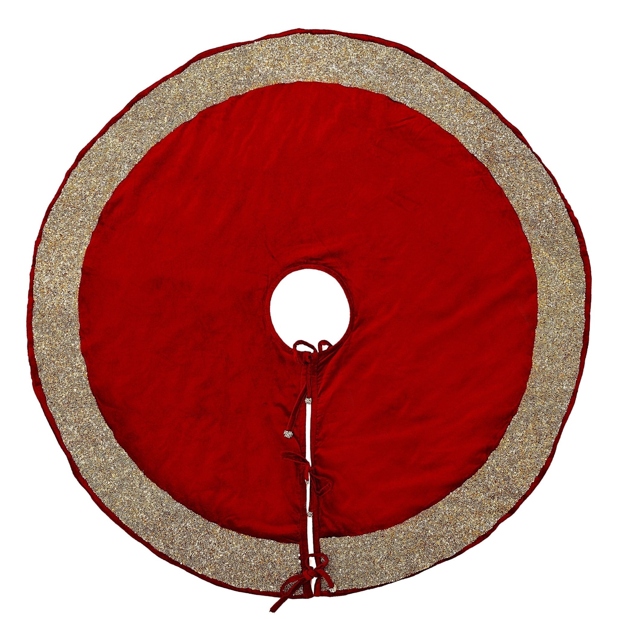 Red Velvet Christmas Tree Skirt Hand Beaded Gold Border - 60" / 72"