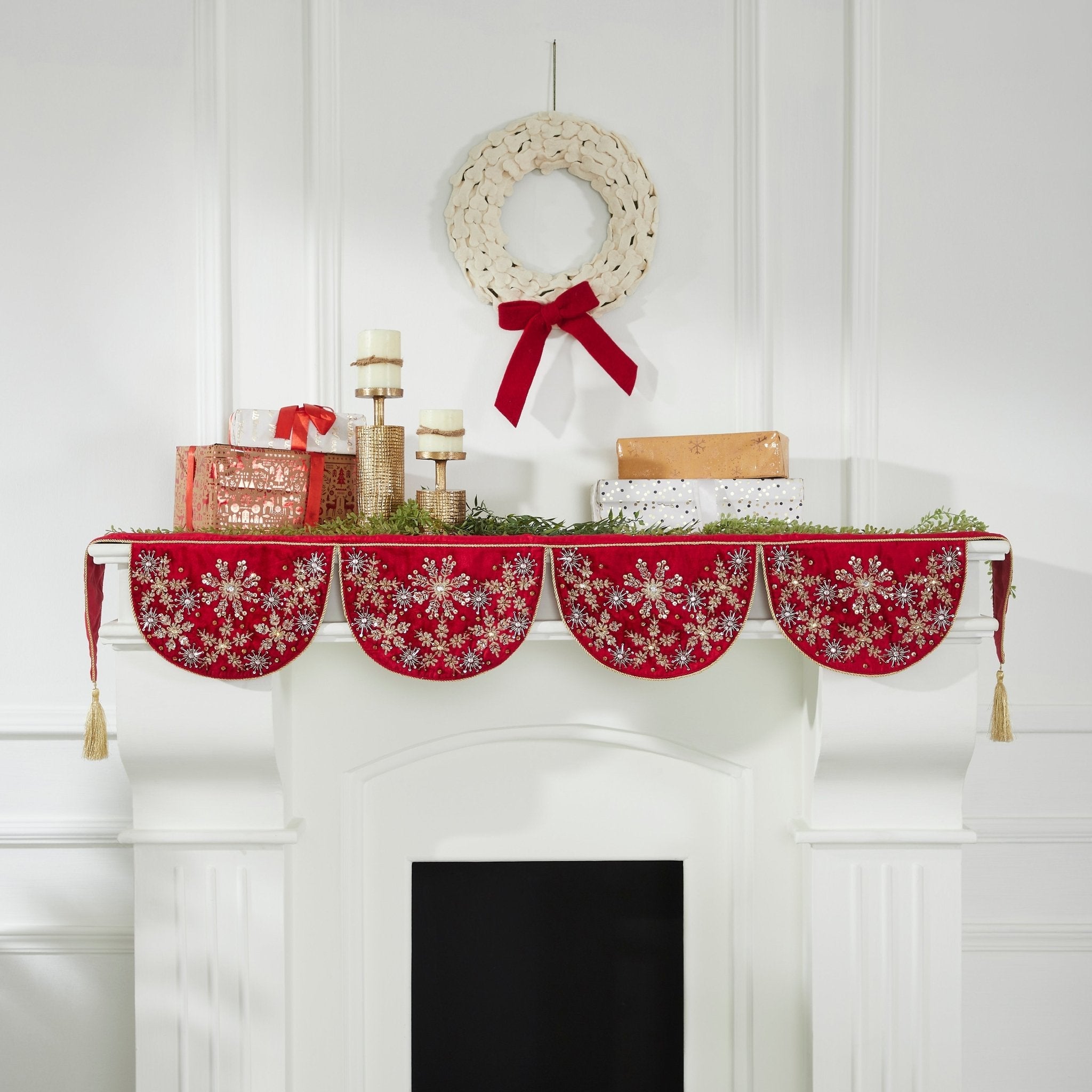 Red Velvet Mantel Scarf Hand Beading And Crewel Embroidery - 72"